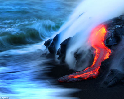Hot Lava Crashes into the Ocean in Hawaii