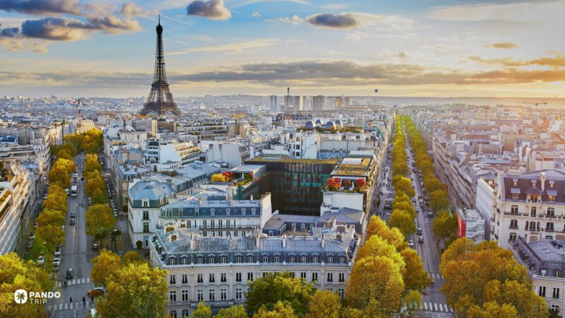Paris skyline at golden hour with the Eiffel Tower above tree-lined avenues, viewed from the Arc de Triomphe rooftop.