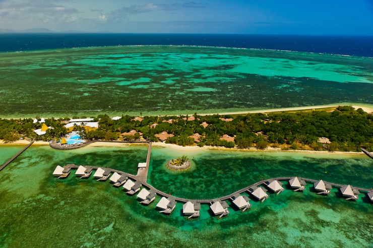 Aerial view, bungalows,  L'Escapade Island Resort, Wing Island, on the New Caledonian Barrier Reef, near Noumea, New Caledonia