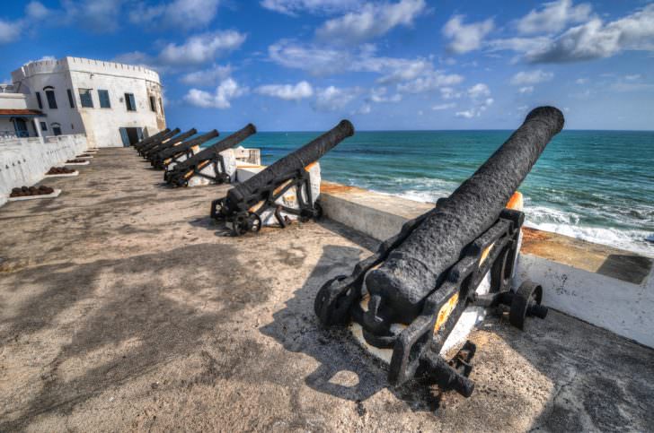 Ghana Cannons overlooking from Cape Coast Castle, a fortification in Ghan