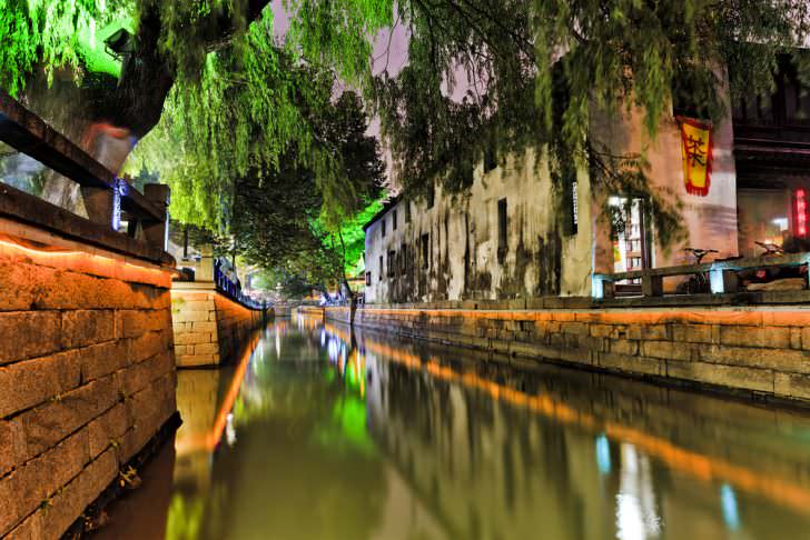 Suzhou historic town center at sunset