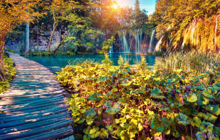 Colorful autumn sunrise in the Plitvice Lakes National Park. Croatia