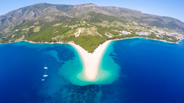 Aerial view of Zlatni Rat beach close to the town of Bol on the island of Brac, Croatia