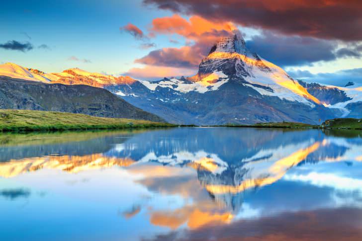 Magical sunrise panorama with Matterhorn and beautiful alpine lake, Stellisee, Valais region, Switzerland