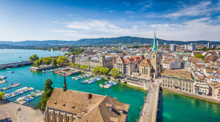 Aerial view of Zurich city center with famous Fraumunster Church and river Limmat at Lake Zurich Canton of Zurich, Switzerland