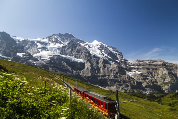 Train of Jungfraubahn running towards Jungfraujoch on sunny day