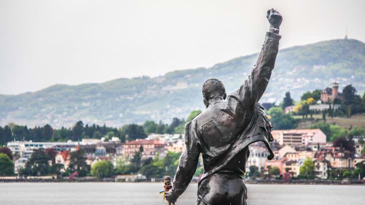 Freddie Mercury statue on waterfront of Geneva lake, made by Czech sculptor Irena Sedlecka