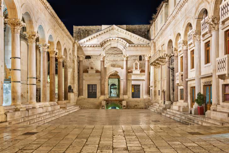 View of the peristyle of Diocletian's Palace in Split at night