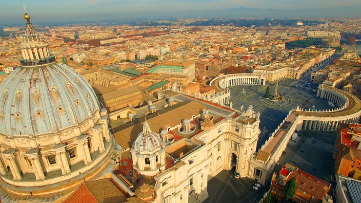 Aerial view of iconic St. Peter's Basilica in city of Vatican