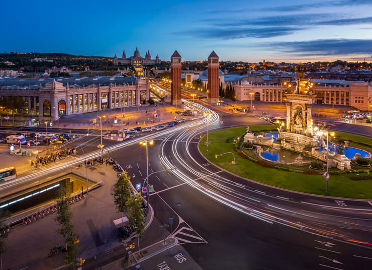 Aerial View on Placa Espanya and Montjuic Hill with National Art Museum of Catalonia, Barcelona, Spain