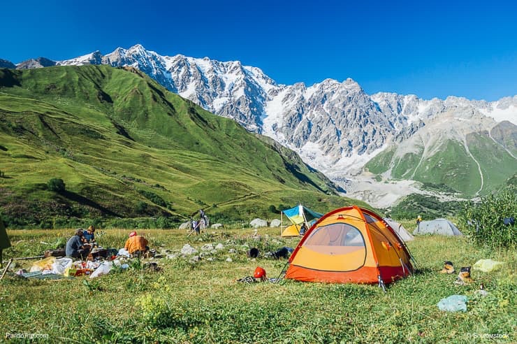 Camping near Ushguli with Shkhara landscape in the backgroung