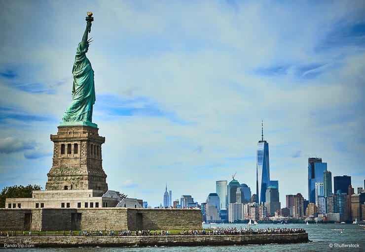 Fantastic view of the Statue of Liberty and the beautiful Skyline of New York City