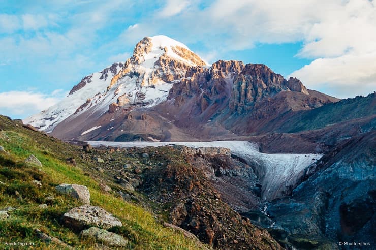 Gergeti glacier and Mount Kazbek in the early morning