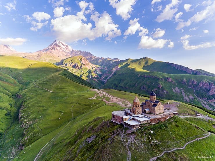 Holy Trinity Church and Mount Kazbek or Stepantsminda