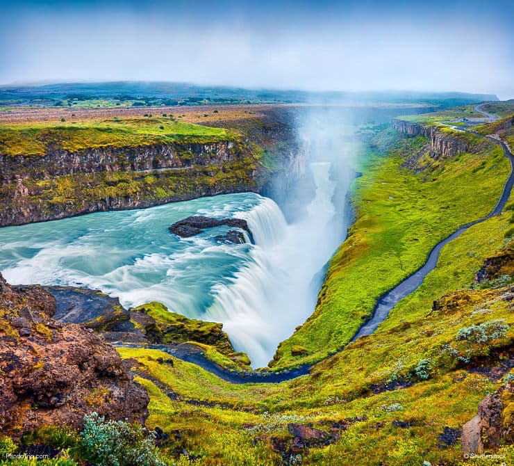 Huge waterfall Gullfoss in the morning mist