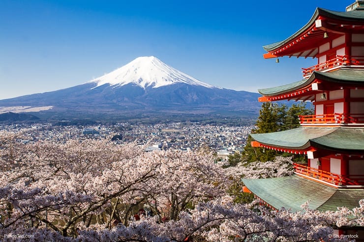 Mountain Fuji and Chureito red pagoda with cherry blossom