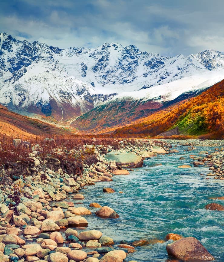 Southern foothills of mountain Shkhara. View from Ushguli village