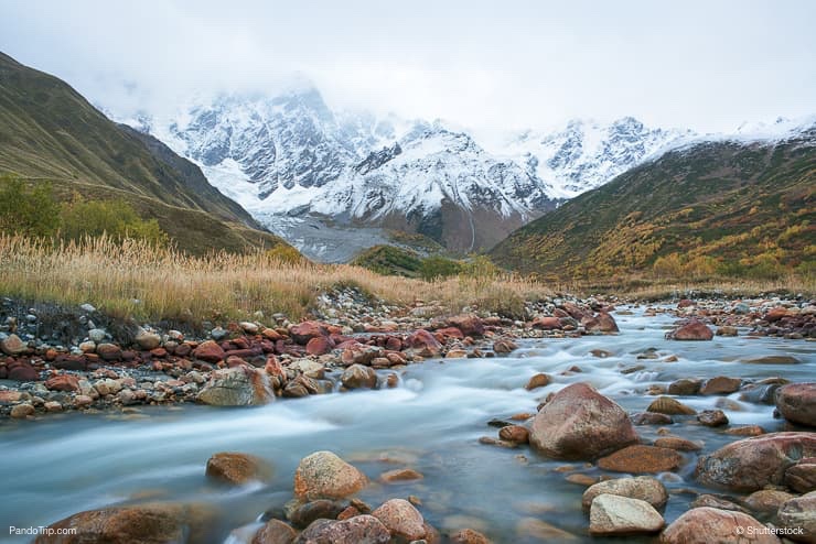 The valley of the Enguri river near Shkhara mountain in Georgia