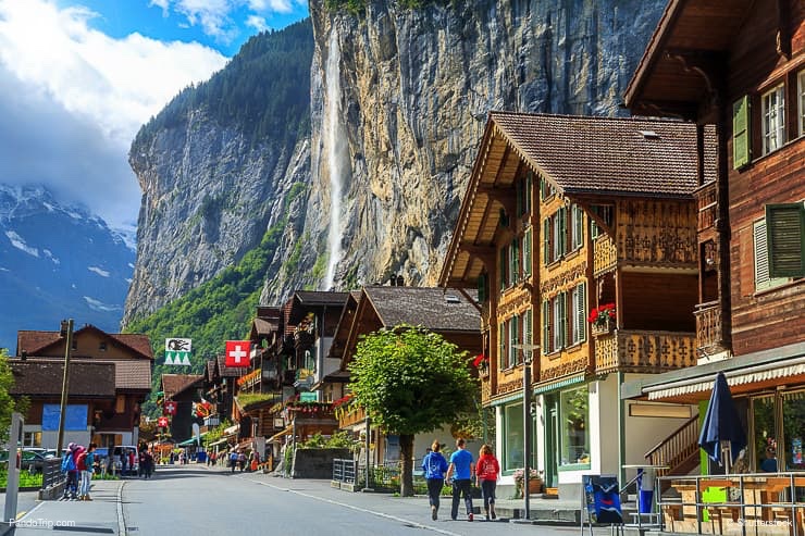 Lauterbrunnen and stunning Staubbach waterfall in background