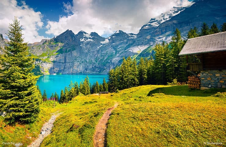 Summer view over the Oeschinensee (Oeschinen lake) and the alps in Switzerland