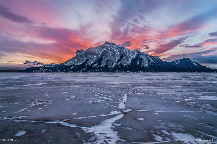 Sunrise over Abraham Lake in winter, Alberta, Canada