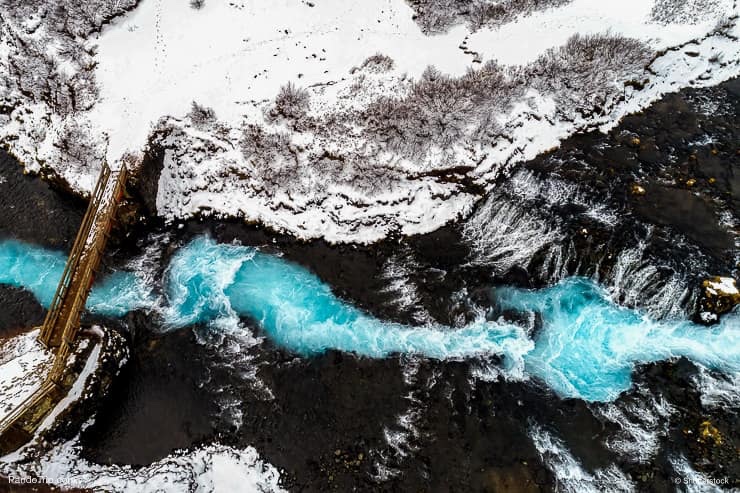 Drone aerial view of beautiful Bruarfoss waterfall