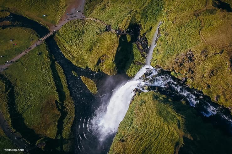 Drone view of Seljalandsfoss waterfall