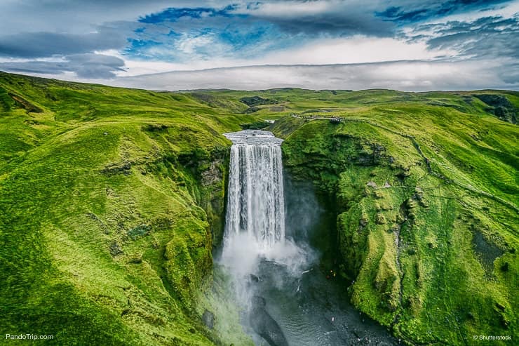 Drone view of Skogafoss waterfall