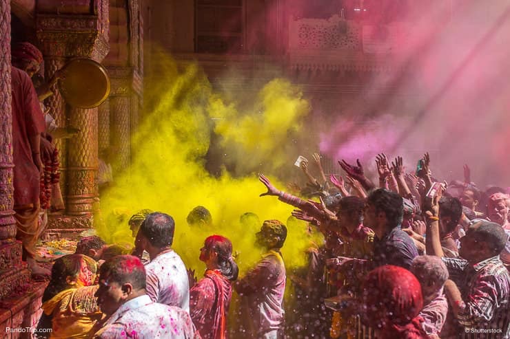 Holi celebration in the Hindu Banke Bihare temple in Vrindavan, Uttar Pradesh, India