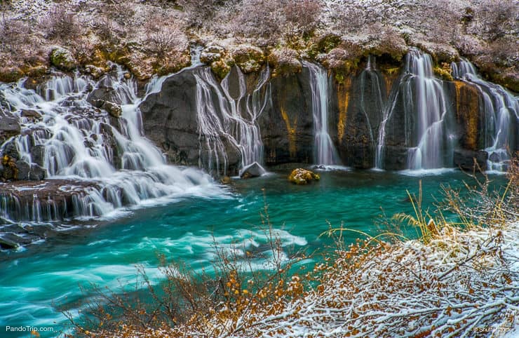 Hraunfossar waterfall during winter