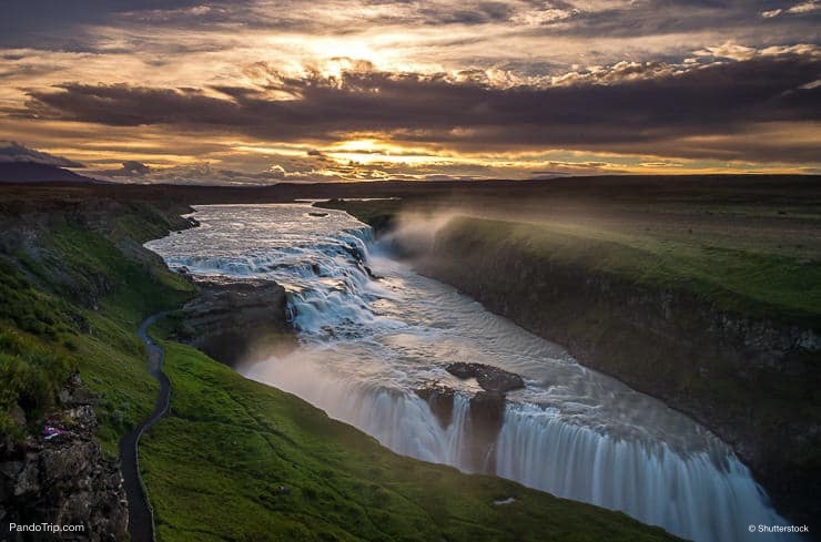 Sunset over Gullfoss Waterfall