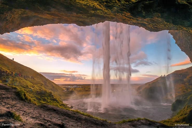 Sunset view from behind Seljalandsfoss