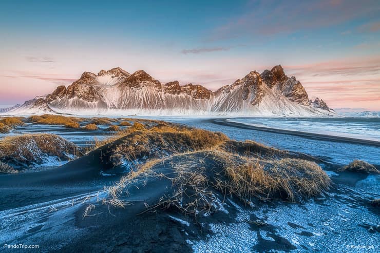 Vestrahorn mountains in Stokksnes, Iceland during winter