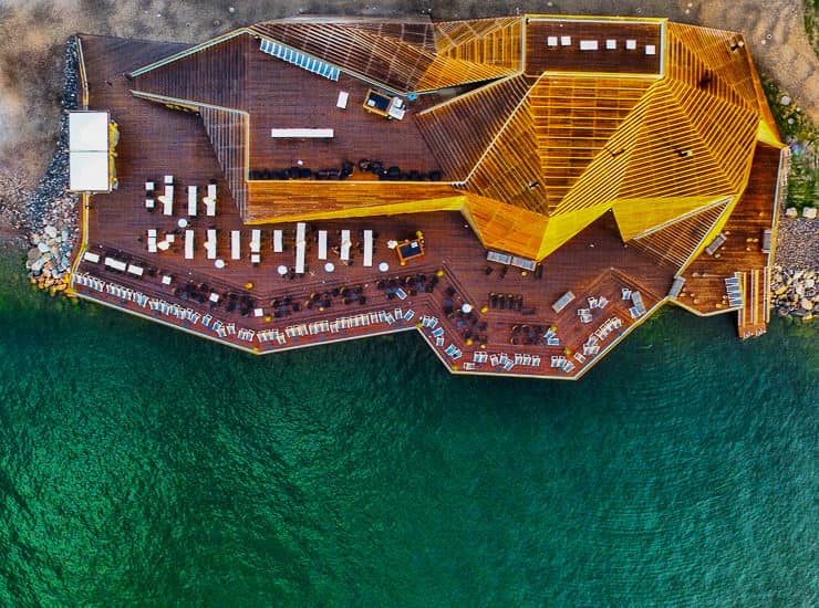 Aerial Drone view of Loyly Sauna, Helsinki, Finland