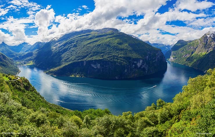 Geirangerfjord aerial panoramic view from Ornesvingen eagle road viewpoint