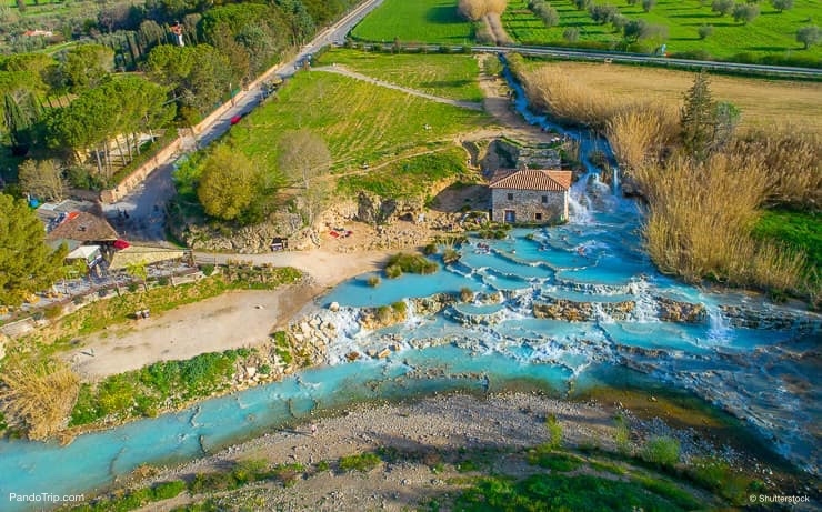 Aerial drone view of Cascate del Mulino, Saturnia, Italy