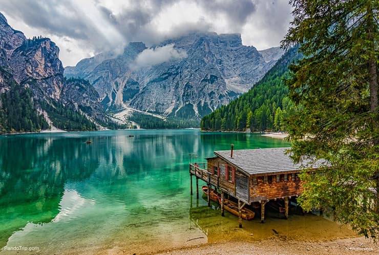 Boathouse at Lago di Braies or Pragser Wildsee, South Tyrol, Italy