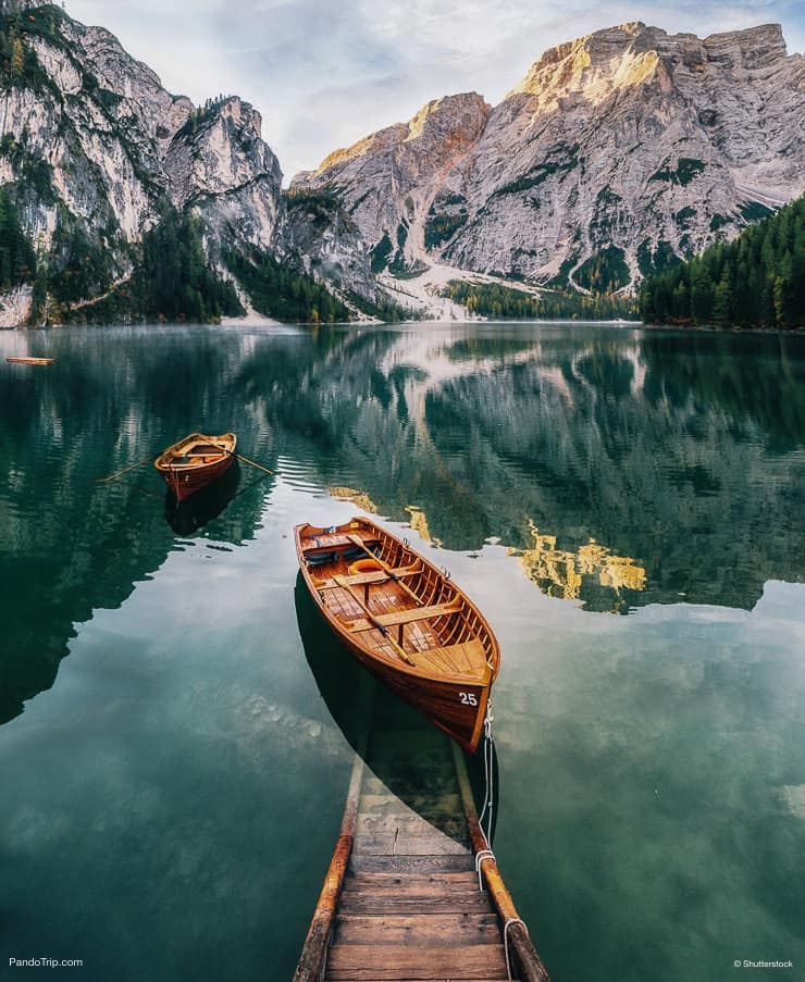 Boats and slip construction at Lago di Braies or Pragser Wildsee, South Tyrol, Italy