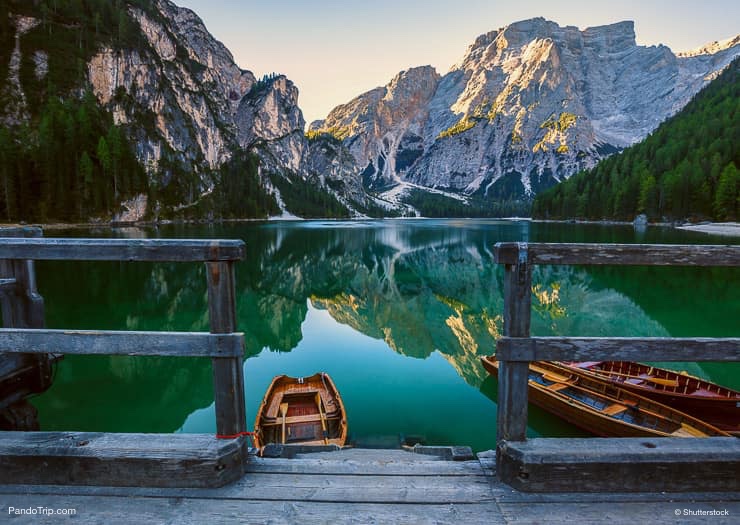 Boats on Lago di Braies or Pragser Wildsee, South Tyrol, Italy