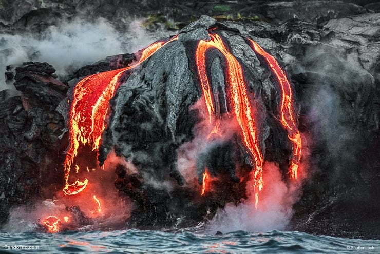 Hawaii lava flow entering the ocean on Big Island from Kilauea volcano in Hawaii