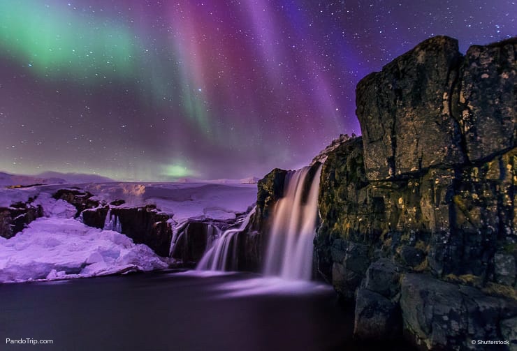Kirkjufellsfoss Waterfall Under the Northern Lights