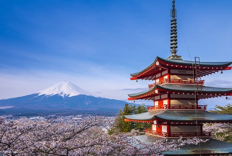 Red Pagoda with Mount Fuji in Japan