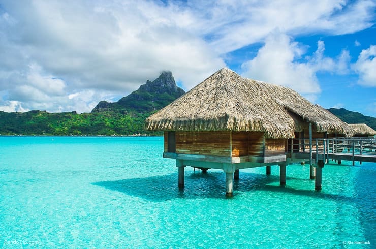 Over water bungalows in Bora Bora, French Polynesia, Pacific Ocean