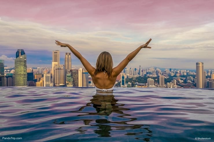 A pool with a view on the roof of a skyscraper. Marina Bay Sands Hotel, Singapore