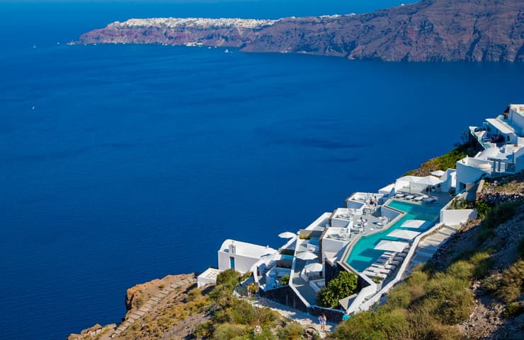 Aerial Drone View of Infinity Pool at Grace, Santorini