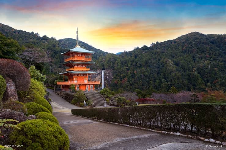 View of Seiganto-ji Temple and Nachi Waterfall in Japan