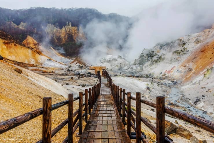 Wooden walking trail in Jigokudani or Hell Valley, Japan