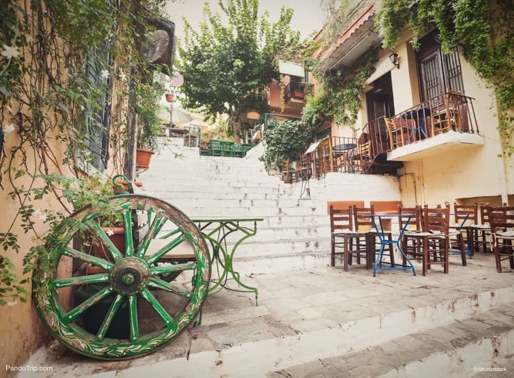 Charming street in the old district of Plaka in Athens, Greece