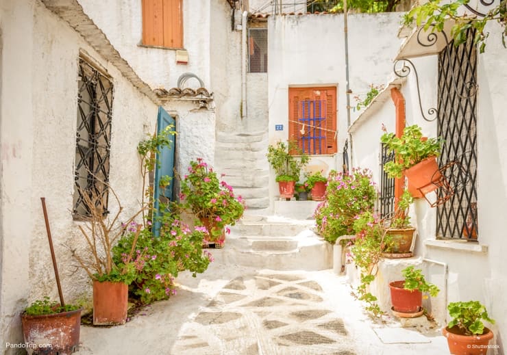 Narrow street in Anafiotika, Plaka district, Athens, Greece