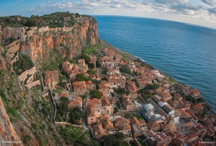 Panoramic view of the medieval castletown of Monemvasia, Peloponnese, Greece